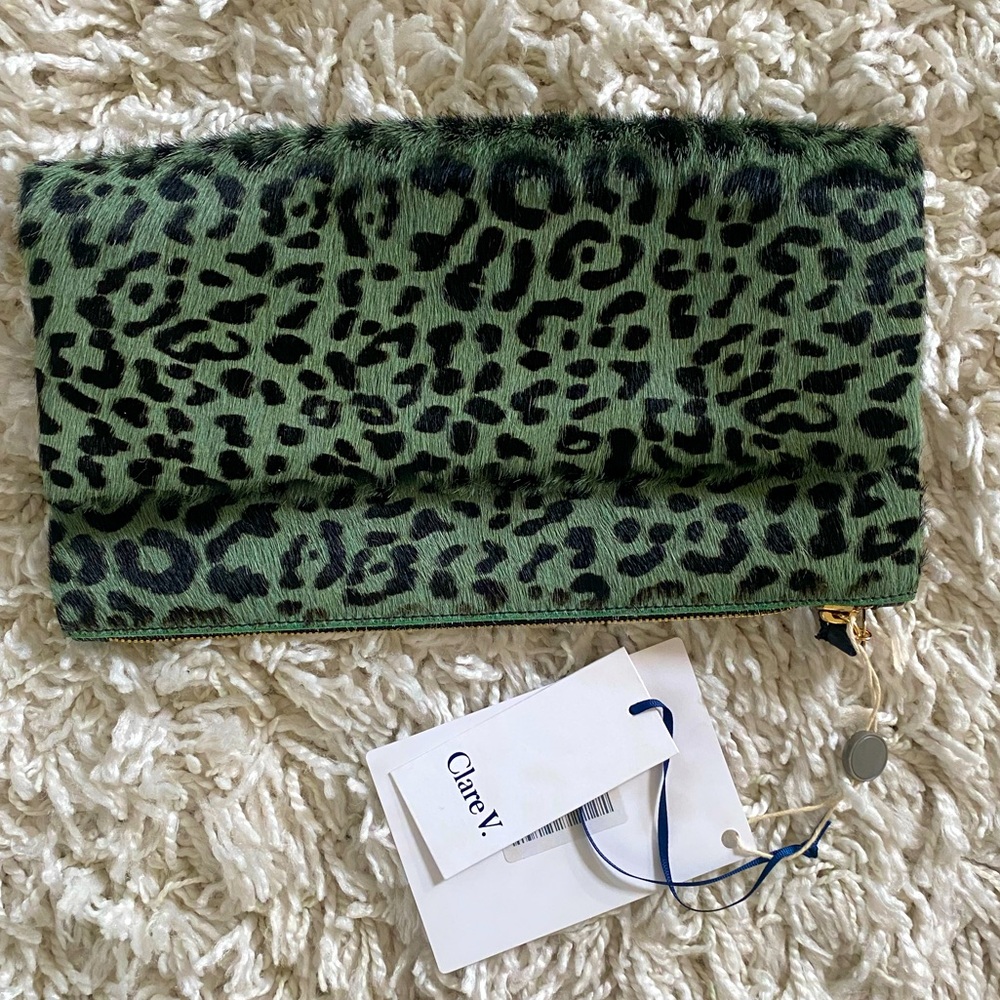 NWT Clare V. Foldover uniqueGreen Leopard Clutch day to evening $275 full price